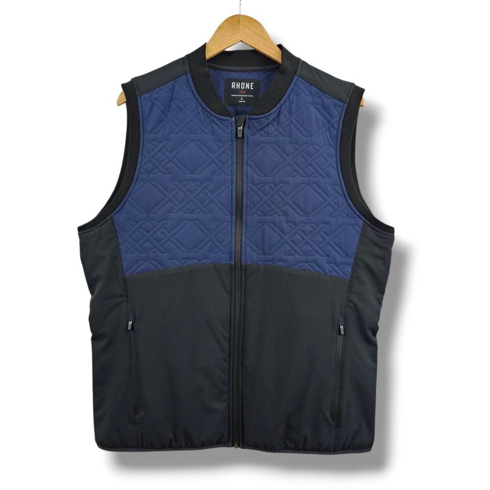 Rhone Midtown Vest Quilted Full Zip Black Navy Mens Size L Pockets Utility *Flaw